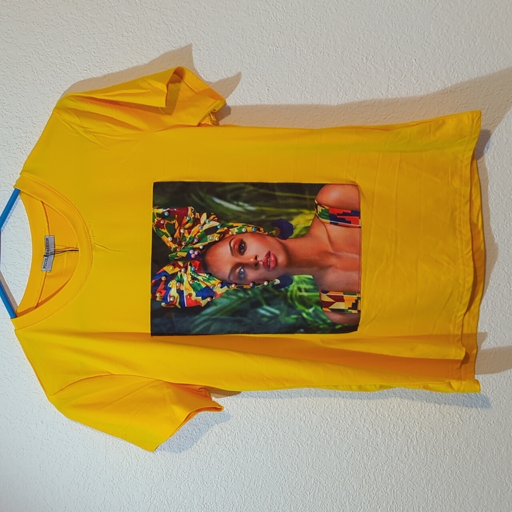 Nicole Fashion Top Women Small Short Sleeve Yellow Woman Pic Bead Embellished